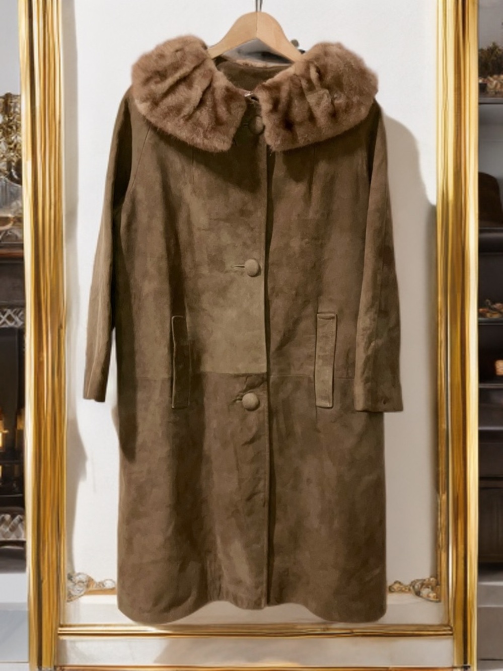 VTG Penny Lane Boho Tan Suede Fur Trim Lined Long Overcoat Trench One Size